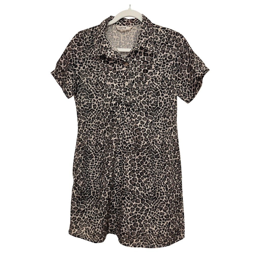 Maro Leopard Print Shirt Dress Womens 1 Brown Black Collared Mini Pockets